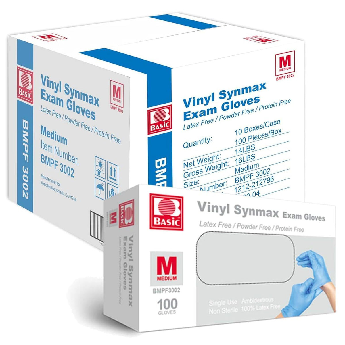 Basic Synmax Vinyl Exam Gloves Disposable Exam Gloves, 4 Mil, Blue, Latex & Powder Free, BMPF-3002