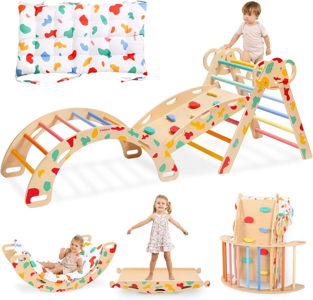 Pikler Triangle Set, Montessori Foldable 8-in-1 Jungle Gym & Reversible Animal Slide, Patent-Protected Climbing Set