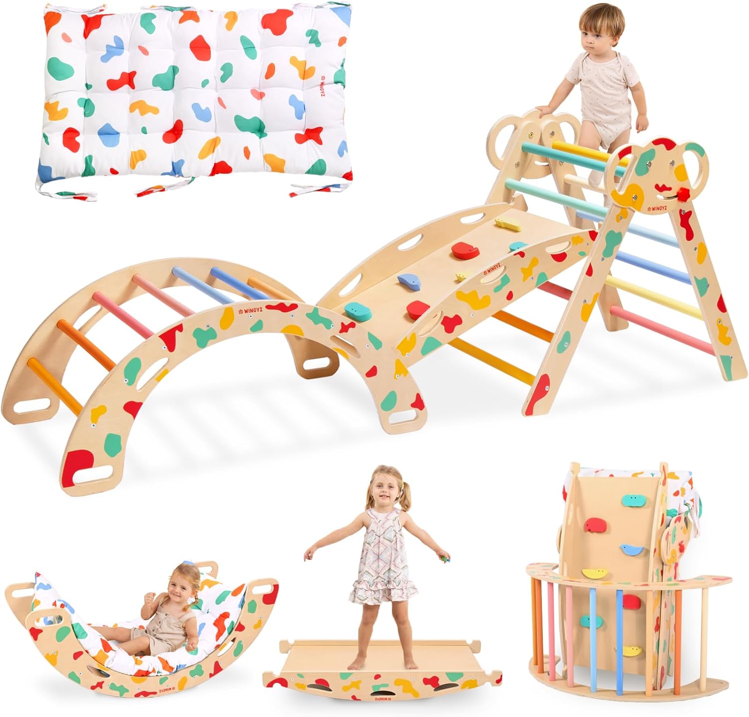 Pikler Triangle Set, Montessori Foldable 8-in-1 Jungle Gym & Reversible Animal Slide, Patent-Protected Climbing Set