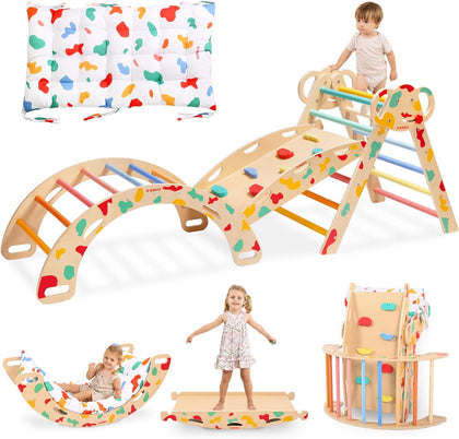 Pikler Triangle Set, Montessori Foldable 8-in-1 Jungle Gym & Reversible Animal Slide, Patent-Protected Climbing Set