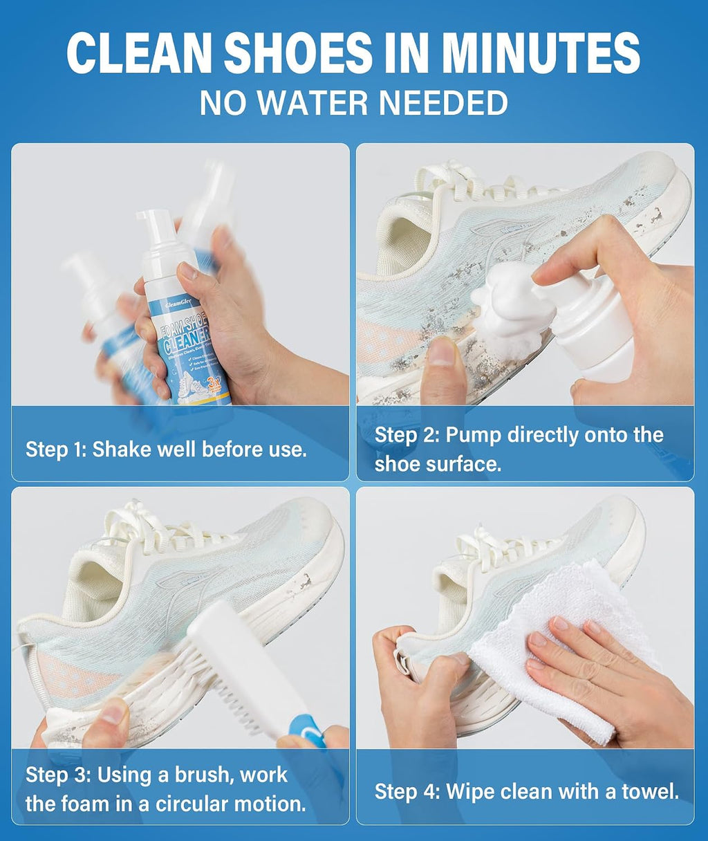 Shoe Cleaner, No-Rinse Deep-Cleaning Foam, Revives White Sneaker Fast | 6.76 oz Shoe Cleaning Kit with Soft Brush and