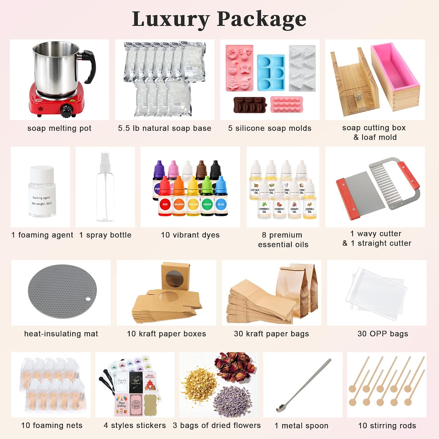 Deluxe Soap Making Kit, 5.5lb Natural Soap Base with Soap Melting Pot, 8 Essential Oils, 10 Dyes, 5 Soap Molds