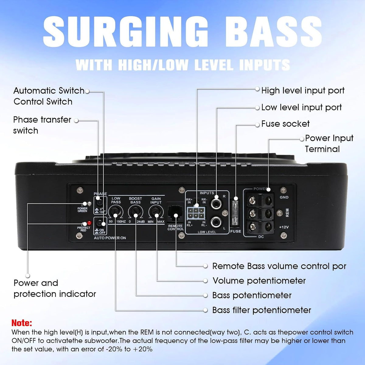 10 Inch Slim Under Seat Powered Car Subwoofer, 1200W Max Active Built-in Amplifier, Blue Ambient Light, Low Profile