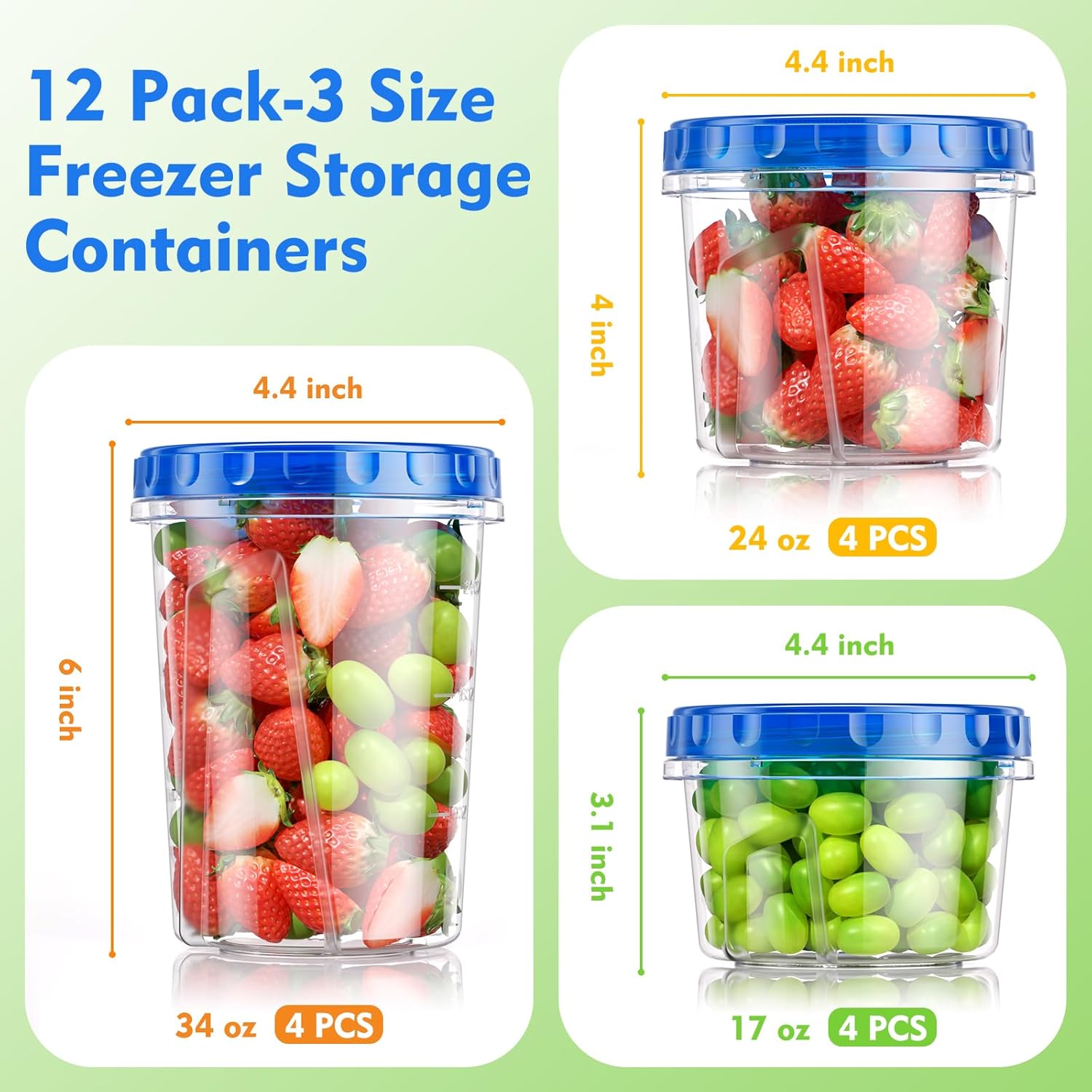 12 Pack- 34/24/17oz Freezer Storage Containers, Plastic Food Storage Containers with Twist Top Lids, BPA Free and
