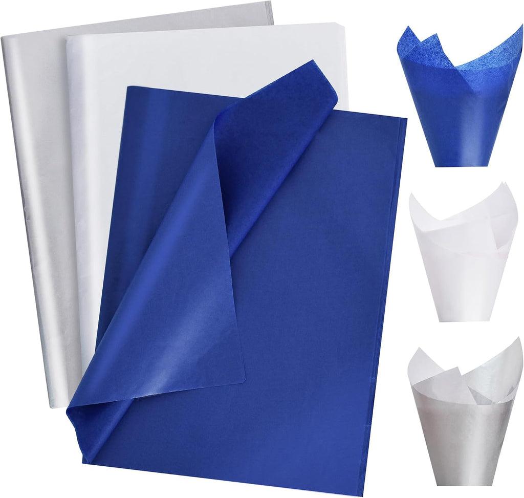 90 Sheets Blue White Silver Tissue Paper Bulk for Gift Wrapping