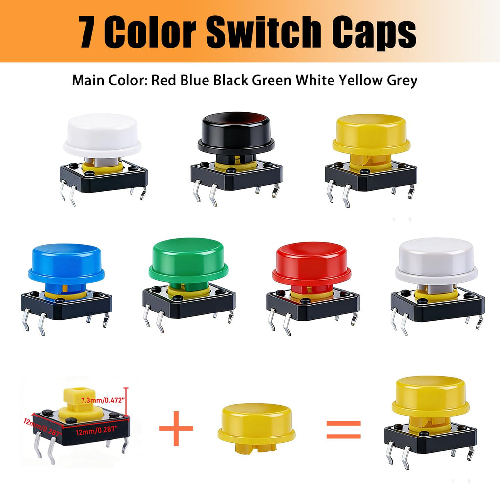 TWTADE/140PCS Micro Momentary Tactile Push Button Switch 4 Pin 12x12x7.3mm Tact Switch Assortment Kit with Switch Caps (70Sets)