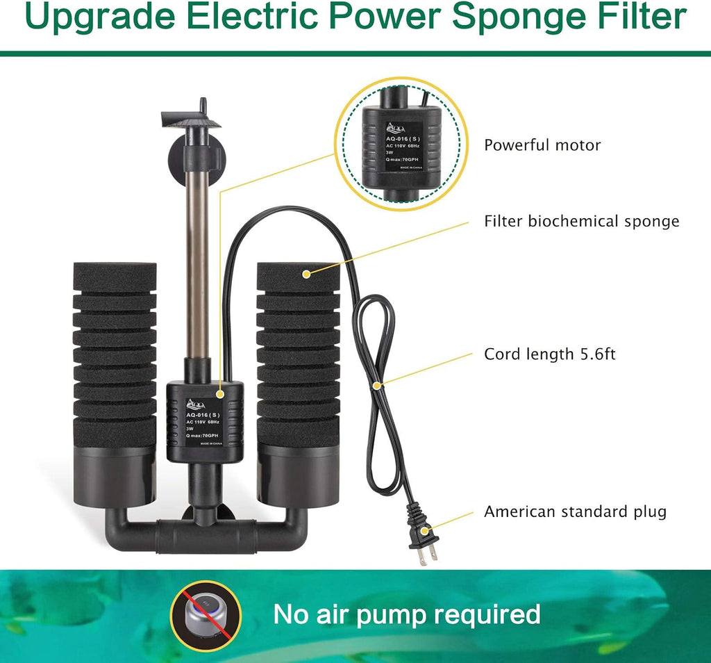 Aquarium Electric Power Sponge Filter,3W/5W Submersible Foam Filter | Sponges Bio Ceramic Media Balls Double Silence