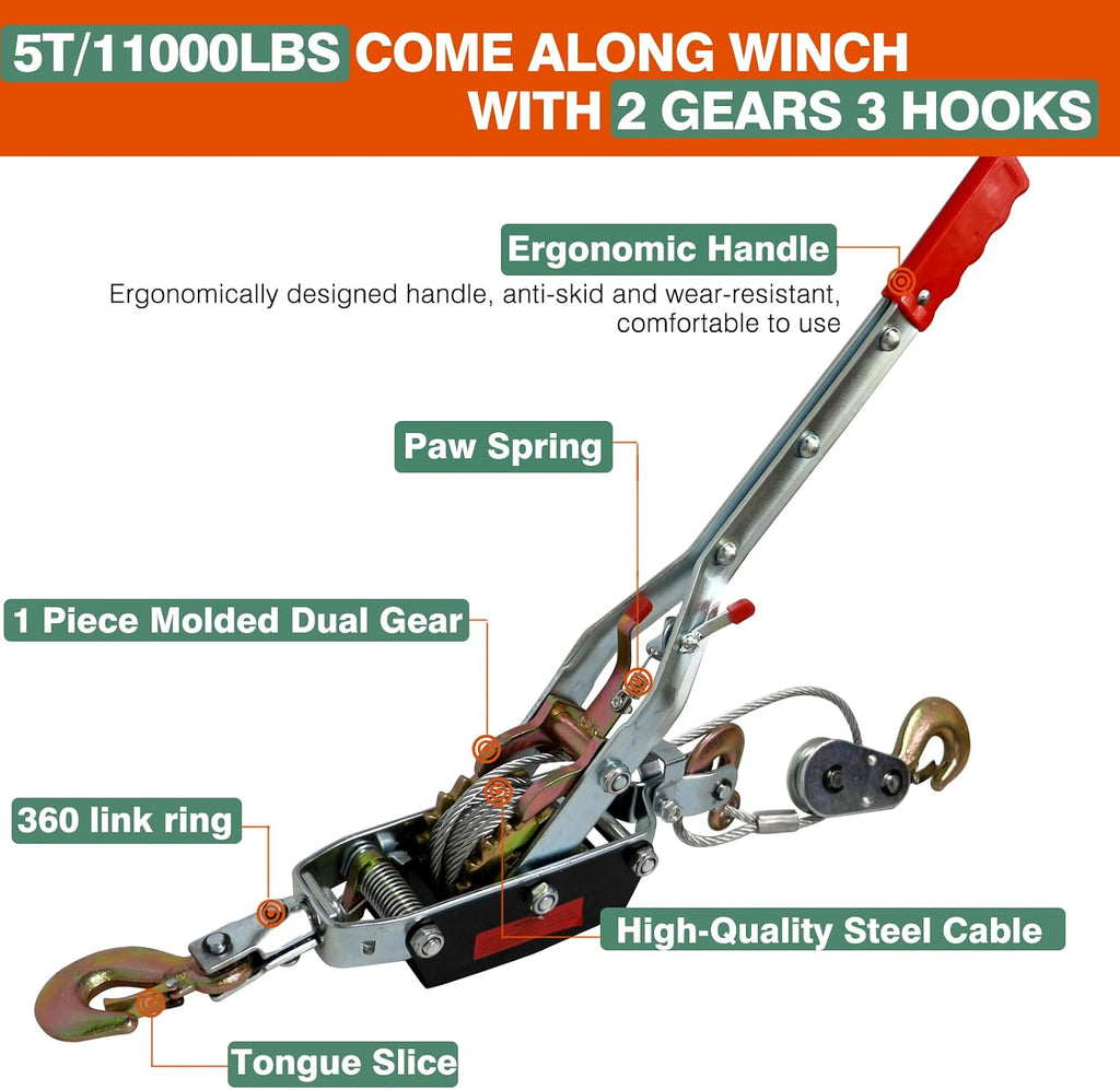 Come Along Winch,Automotive Hoist Winch Puller,5T Heavy Duty Power Cable Come Along Tool Chain Winch Ratchet Tool