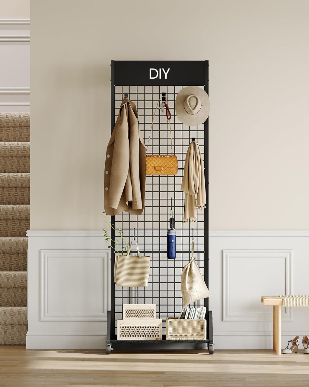 Grid Wall Panel, 2’ x 5.7’ Ft Floor Standing Gridwall Display Rack, Retail Display Stand, with 4 S-Shaped Hooks and 4