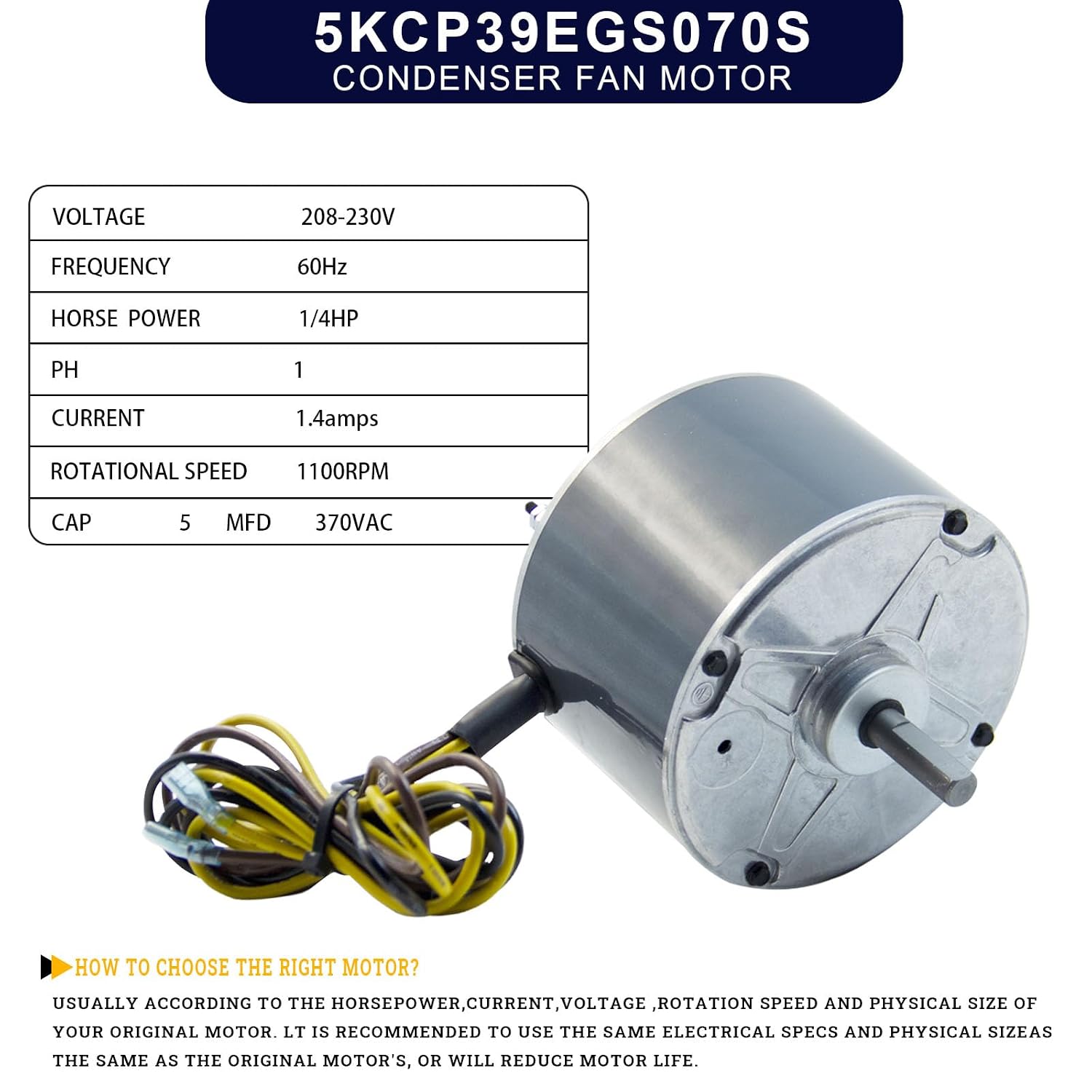5KCP39EGS070S 1/4 HP Condenser Fan Motor,1100 RPM, 48 Frame, 208-230V | Seahee Replacement Compatible with GE3905