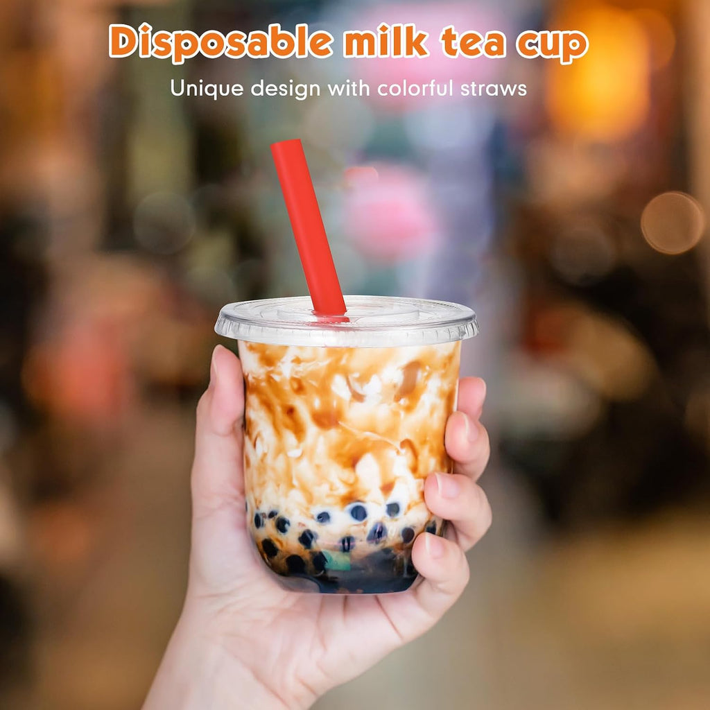 50 Sets 12 Oz Plastic Cups with Lids and Jumbo Straws, Multicolor