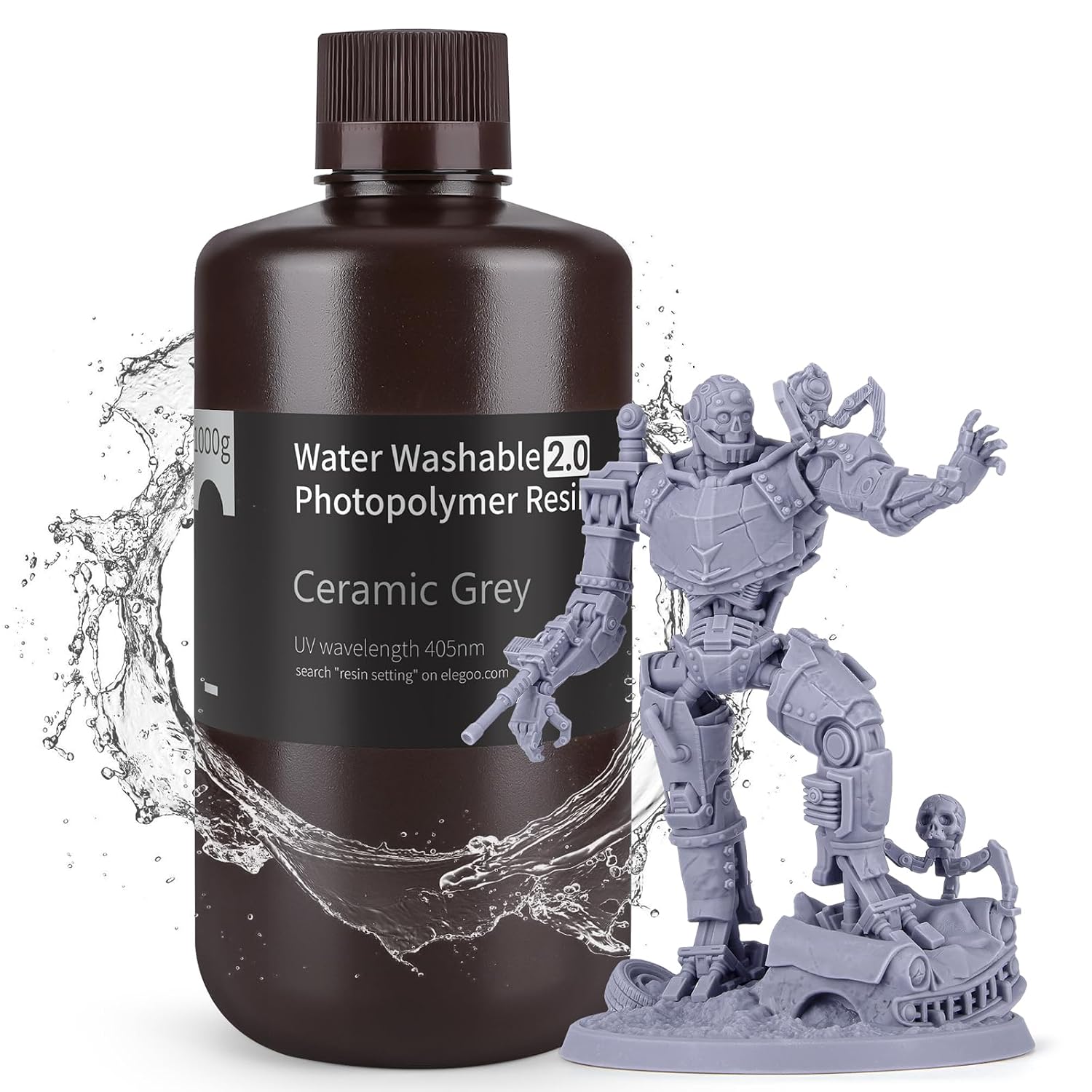 ELEGOO Upgraded Water Washable Resin 2.0, Grey 1000G | 3D Printer Resin Low Viscosity and High Precision, 405nm Rapid