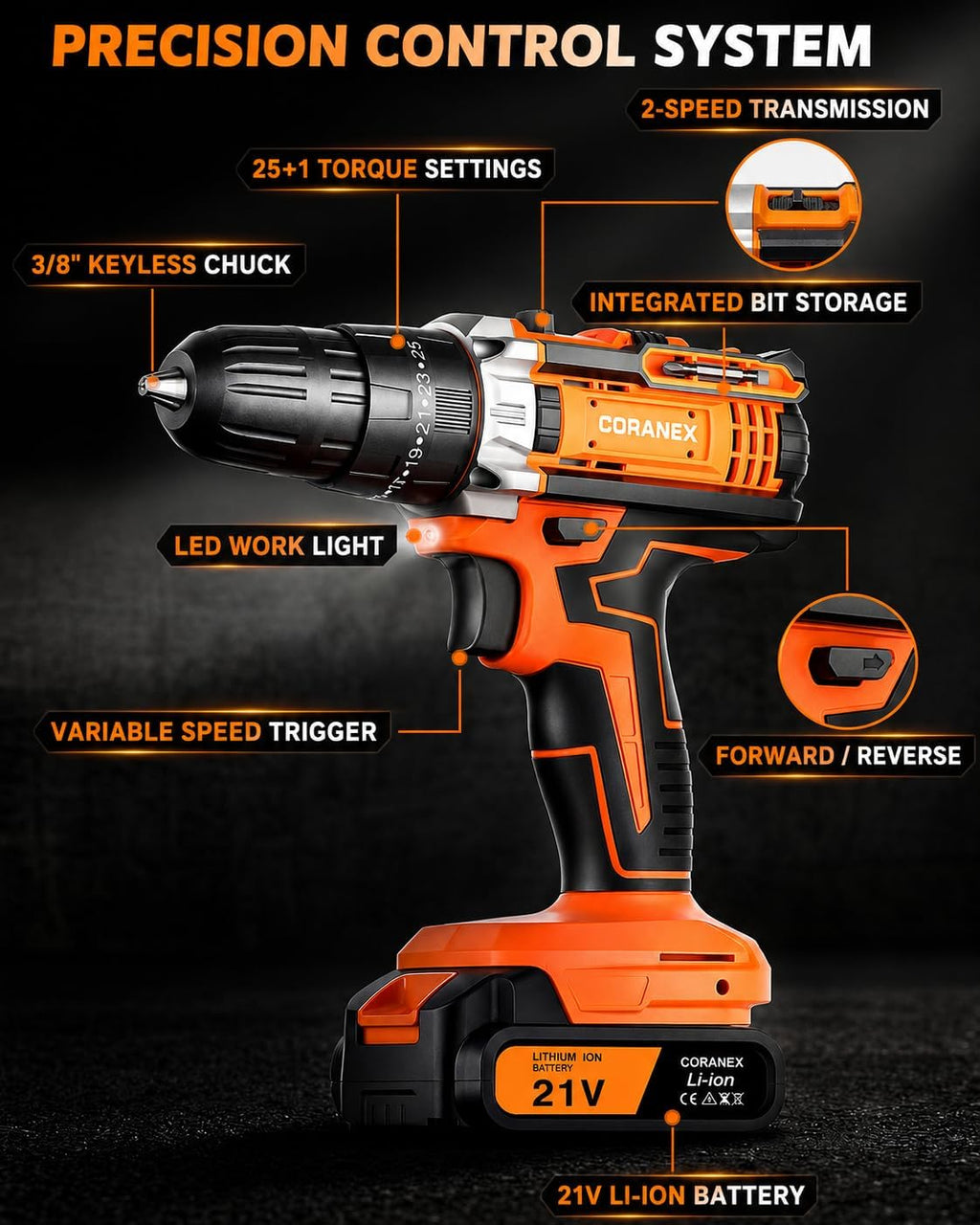 21V Cordless Drill Set with Case | Easy to Control & Lightweight | 2 Batteries | 3/8" Keyless Chuck