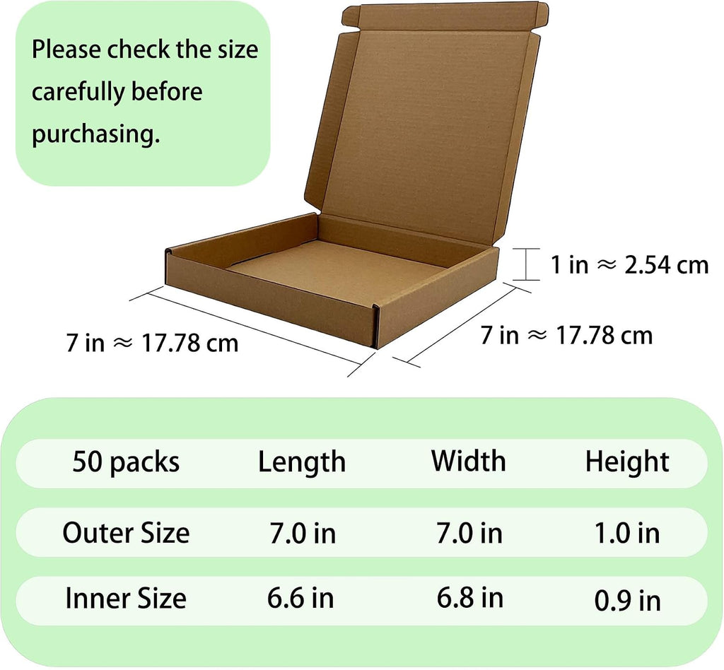 7x7x1 inch Small Shipping Boxes 50 Pack, Brown Corrugated Cardboard Mailers
