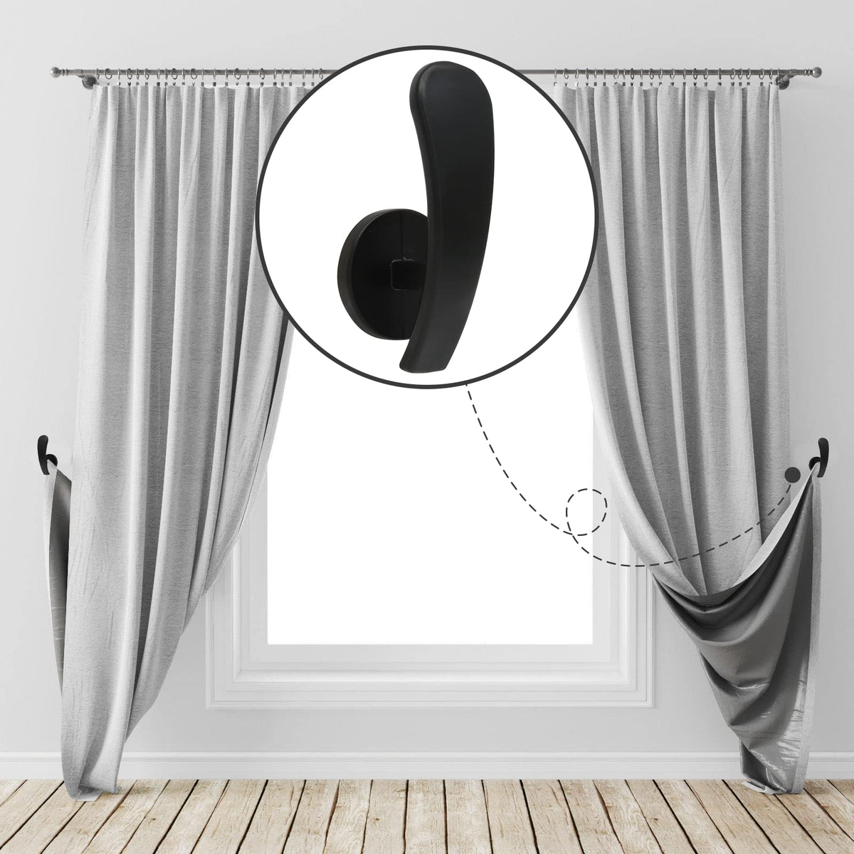 Curtain Tieback Hooks, Black, 4 Pack
