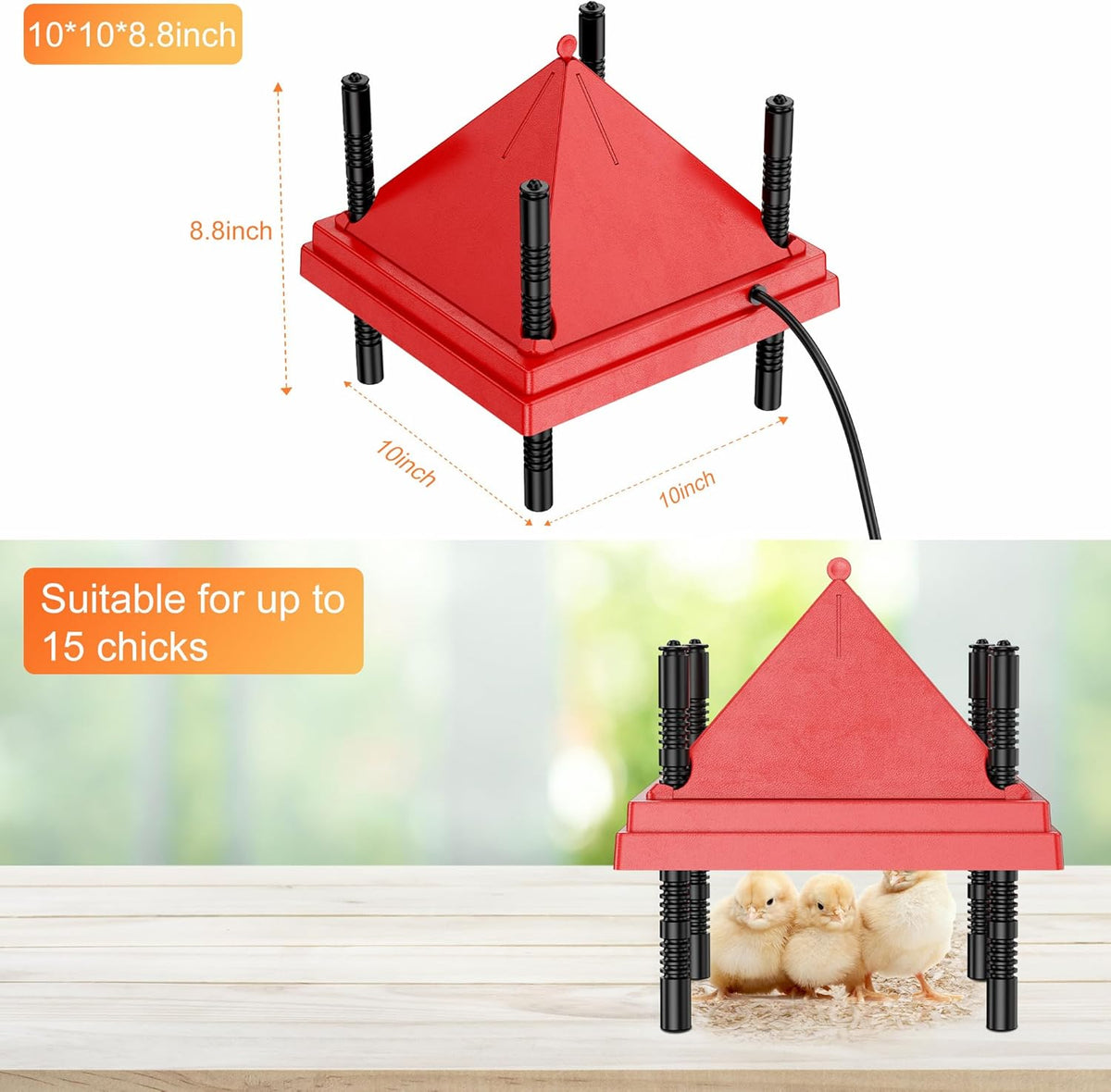 Chick Brooder Heater with Anti-Roost Cone & Constant Temp Red 10" x 10"