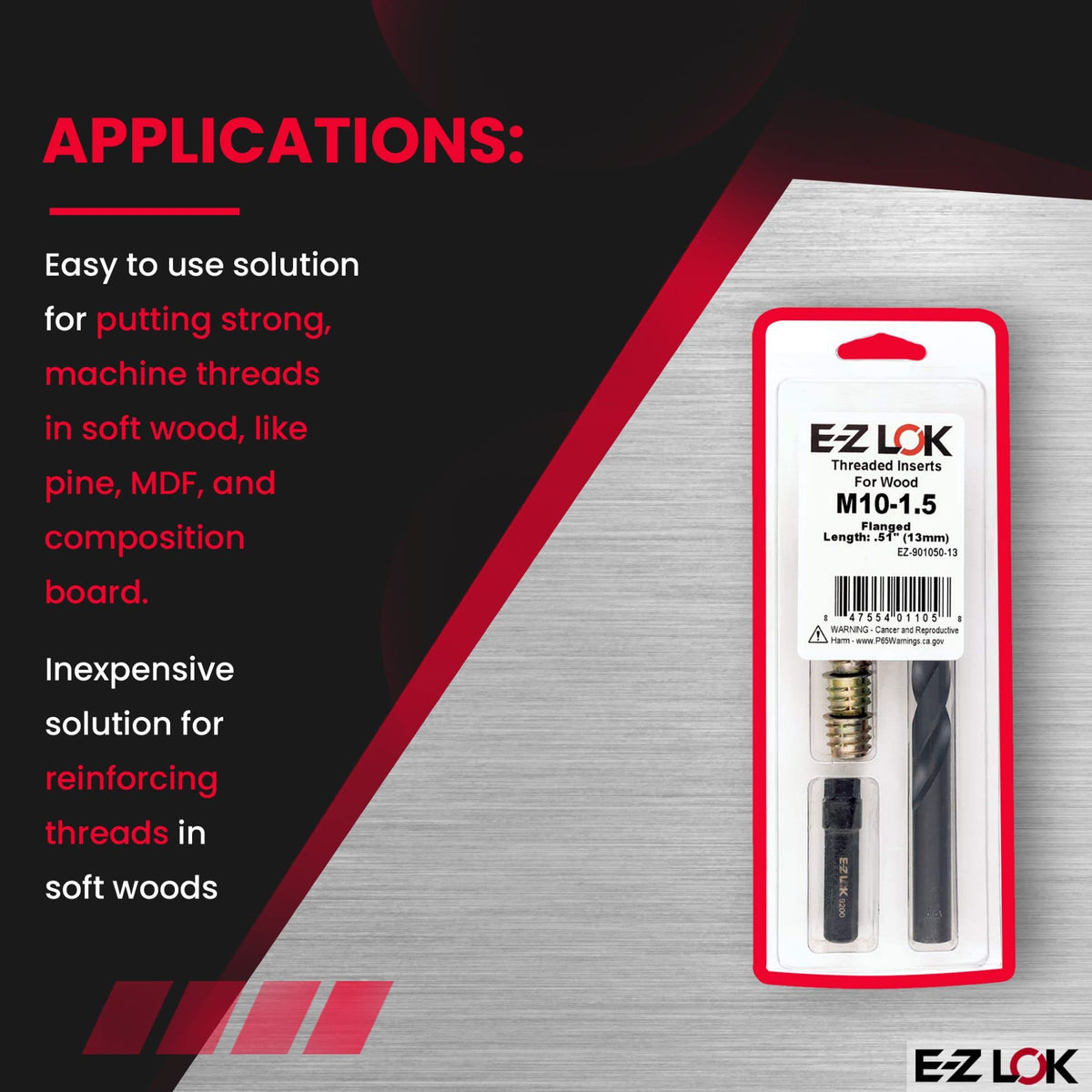 E-Z LOK-901050 Hex Threaded Insert Installation Kit for Soft Wood - Flanged - M10-1.5 x 13mm
