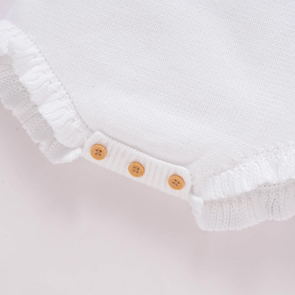 Baby Girl Ruffle Knit Romper Outfit Set, Sleeveless Knitted Bodysuit with EyeletBow Turban Headband and Bow Socks