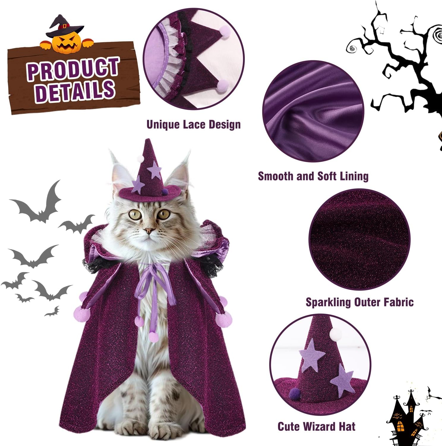 Halloween Cat Costumes, Small Purple Cat Wizard Cape Adjustable Pet | Halloween Wizard Cloak for Little Dogs Cats