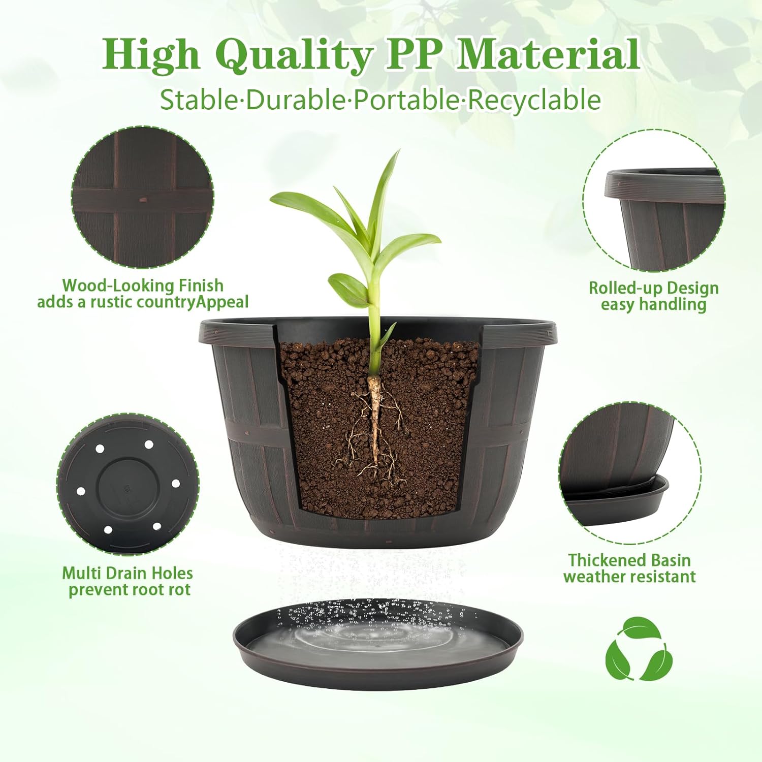 10 inch Plastic Flower Pots for Outdoor Plants，4 Pack Large Outdoor Planter Pot with Drainage Holes &