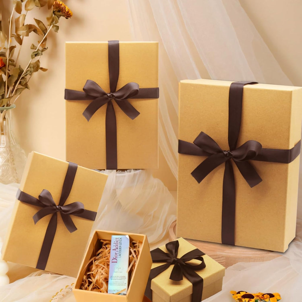 Gift boxes with lids, Natural and Rustic Kraft Gift Box for Present Wrapping, Set of 6 Sturdy Gift Wrap Boxes, Come