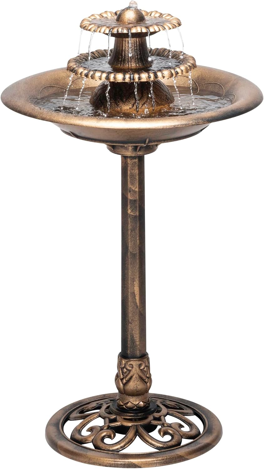 TEC106-BZ 35” Tall 3-Tier Pedestal Water Fountain with Birdbath in Vintage – Outdoor Garden Fountain for Yard, Patio