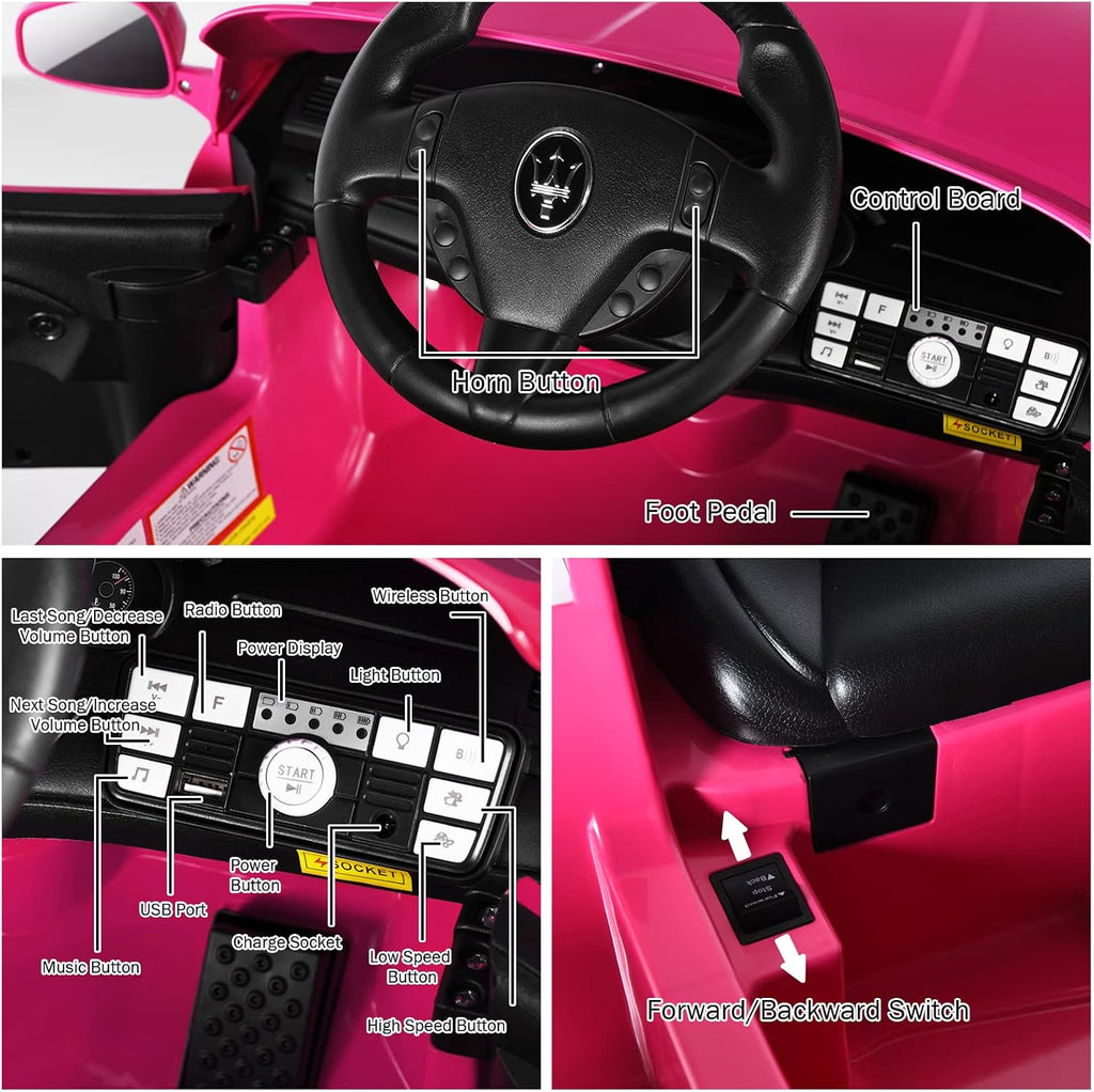 Ride on Car, Pink Licensed Maserati Gbili 12V Battery Powered Electric Car with Parent Remote Control & Manual Modes