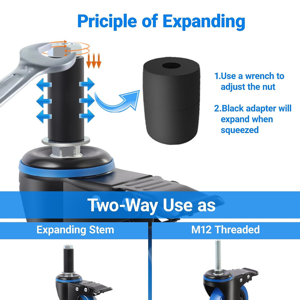 4 Inch Prep Table Cater Wheels Set of 4, Threaded Swivel Expanding Stem Casters with Brake Fit 7/8", 1", 1-1/2", or