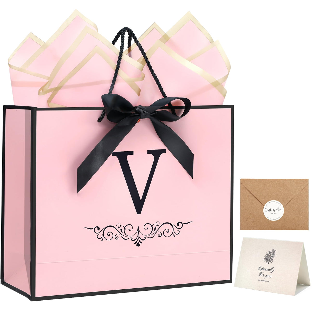 Personalized Letter V Pattern Medium Pink Gift Bag Set