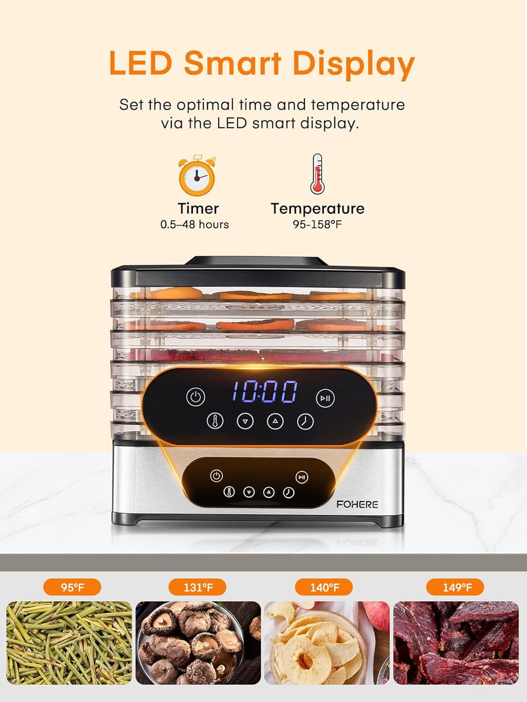 Food Dehydrator, 5 BPA-Free Tray Dehydrators, 11.42" Stackable Trays