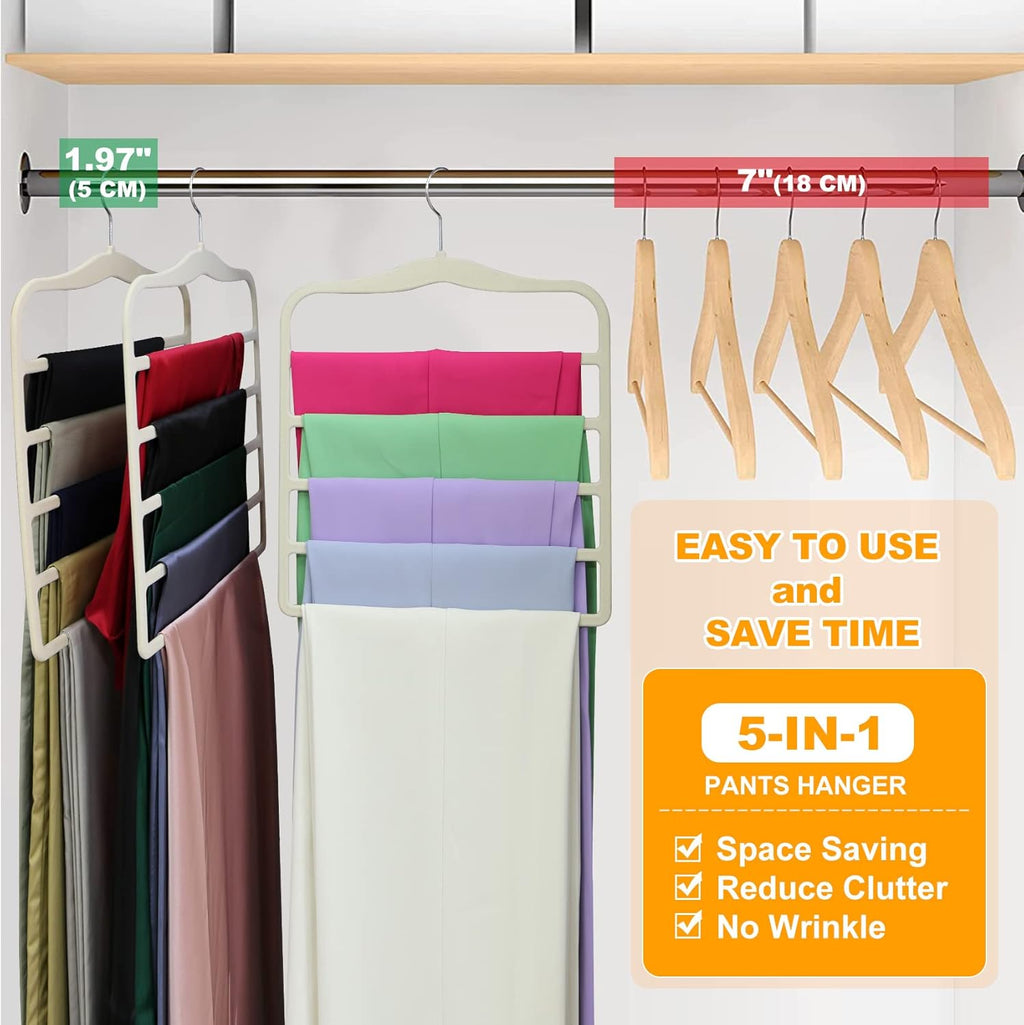 Closet Organizers and Storage, 5 Pack Velvet Pants-Hangers-Space-Saving | Non Silp 5 Tier Clothes-Hanger for