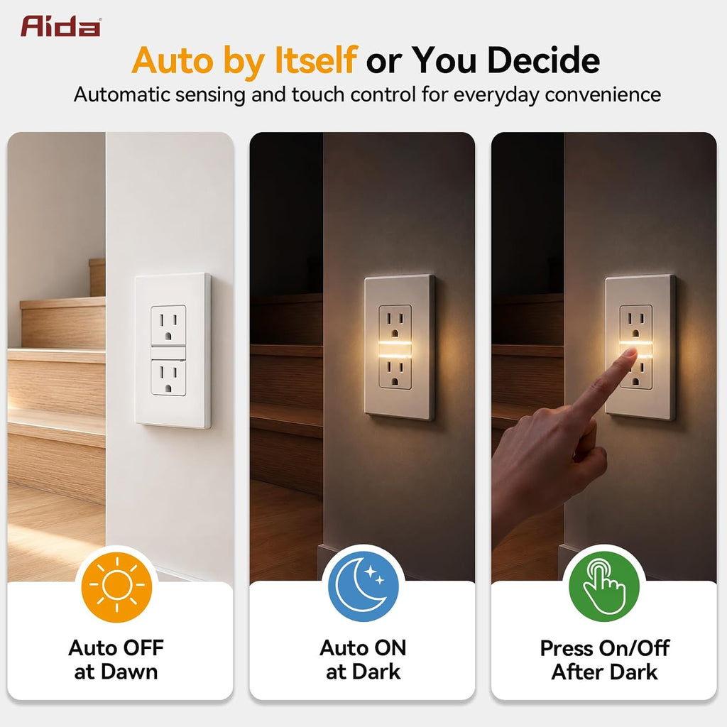 Self-Grounding Tamper-Resistant Wall Outlet with 3000K LED Night Light and Weatherproof Cover, White, 1 Pack