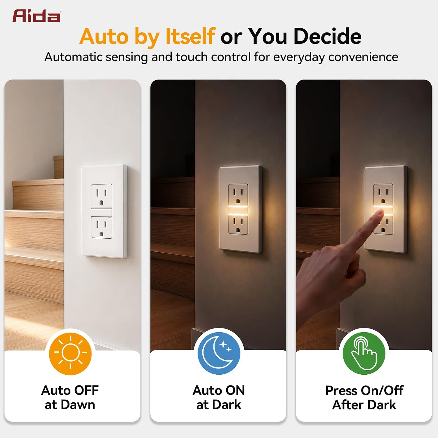 Self-Grounding Tamper-Resistant Wall Outlet with 3000K LED Night Light and Weatherproof Cover, White, 1 Pack