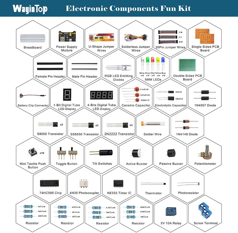 Electronics Component Fun Kit w/E-Book, Upgraded Electronic Starter Kit with Breadboard, Jumper Wires, PCB Soldering