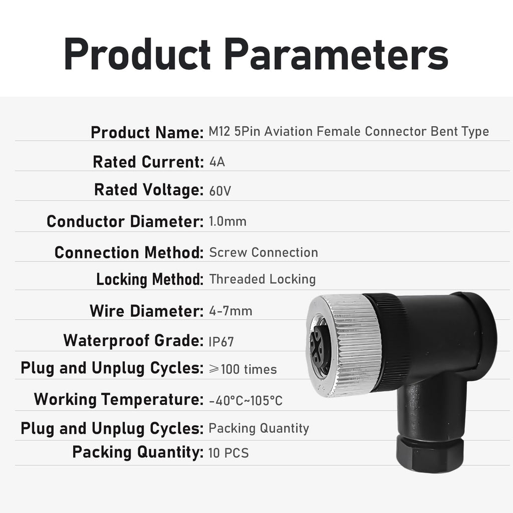 10Pcs M12 5Pin Female Industrial Aviation Connector (A-Code) Waterproof, Sensor Socket Field-Assemblable 12mm Circular Socket Panels Adapter IP67 Right Angel