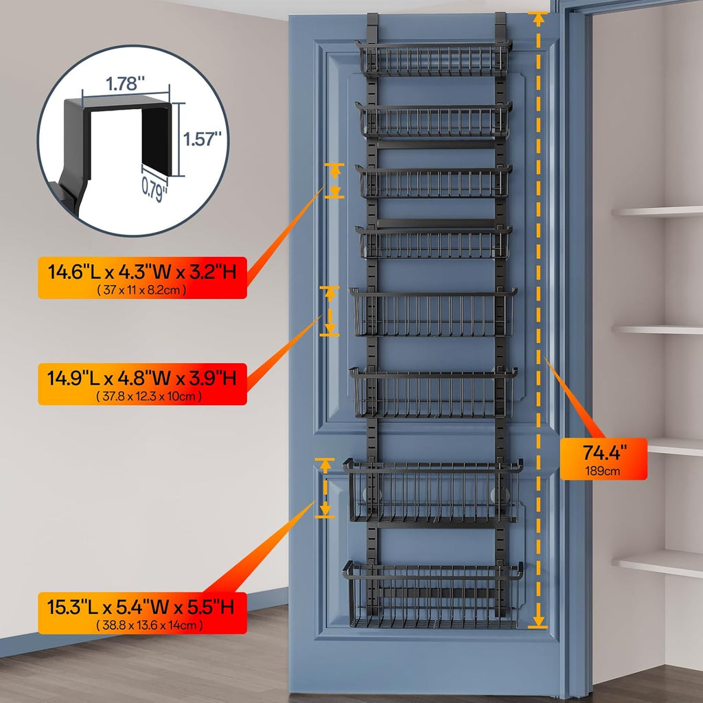 Over The Door Pantry Organizer, 8-Tier Over The Door Organizer with Adjustable Baskets, Metal Hanging Spice Rack for