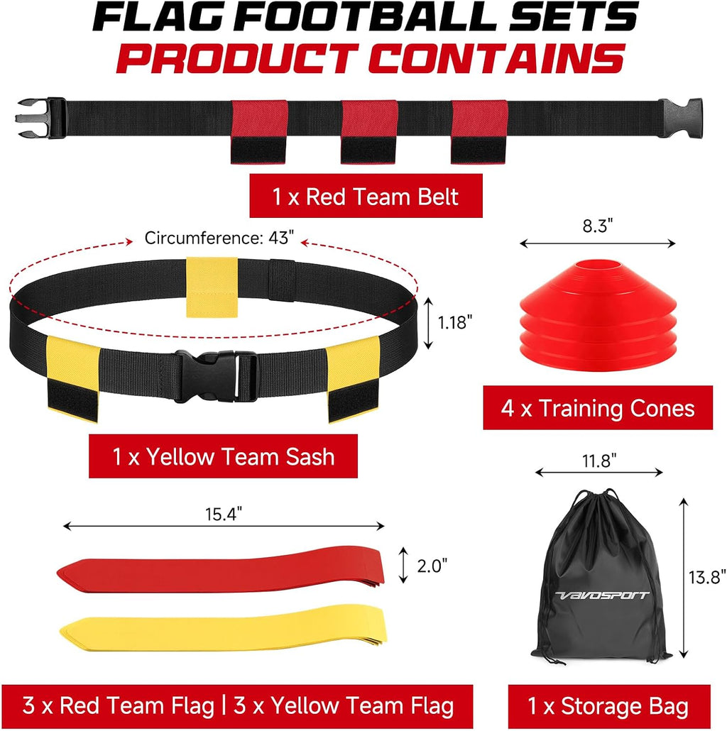 Flag Football Belts Set - Flag Football Gear | 47.25" Adjustable Football Flags with Training Cones & Bag