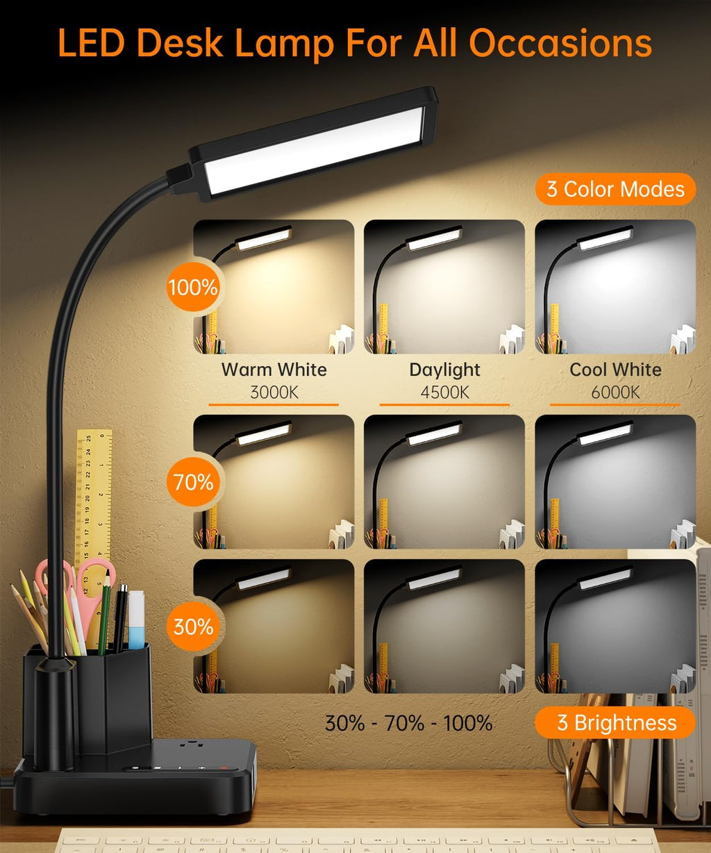 Desk Lamp, COZOO LED Desk Lamps for Home Office with USB Charging Port/Outlet/Organizer,Desk Lamp for College Dorm