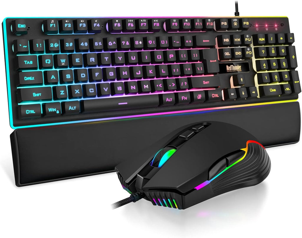 K10 Wired Gaming Keyboard and Mouse and Wrist Rest Combo, RGB Backlit, Mechanical Feel Anti-ghosting Keyboard + 7D