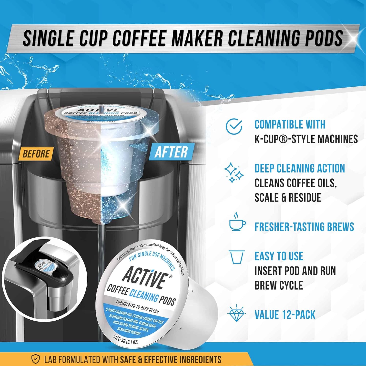 K-Cup Compatible Keurig Cleaning Pods - Quick-Rinse Cleaners for Single Serve Coffee Machine, 12 Month Coffee Maker