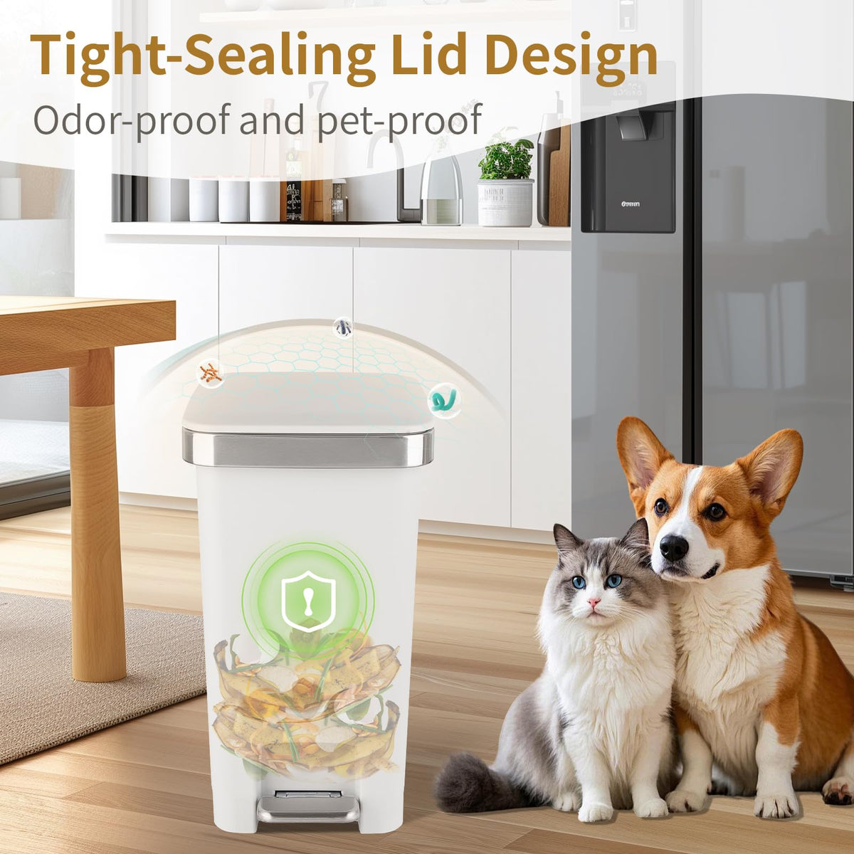 Small Bathroom Trash Can with Lid Step Pedal, 2.6 Gallon, White