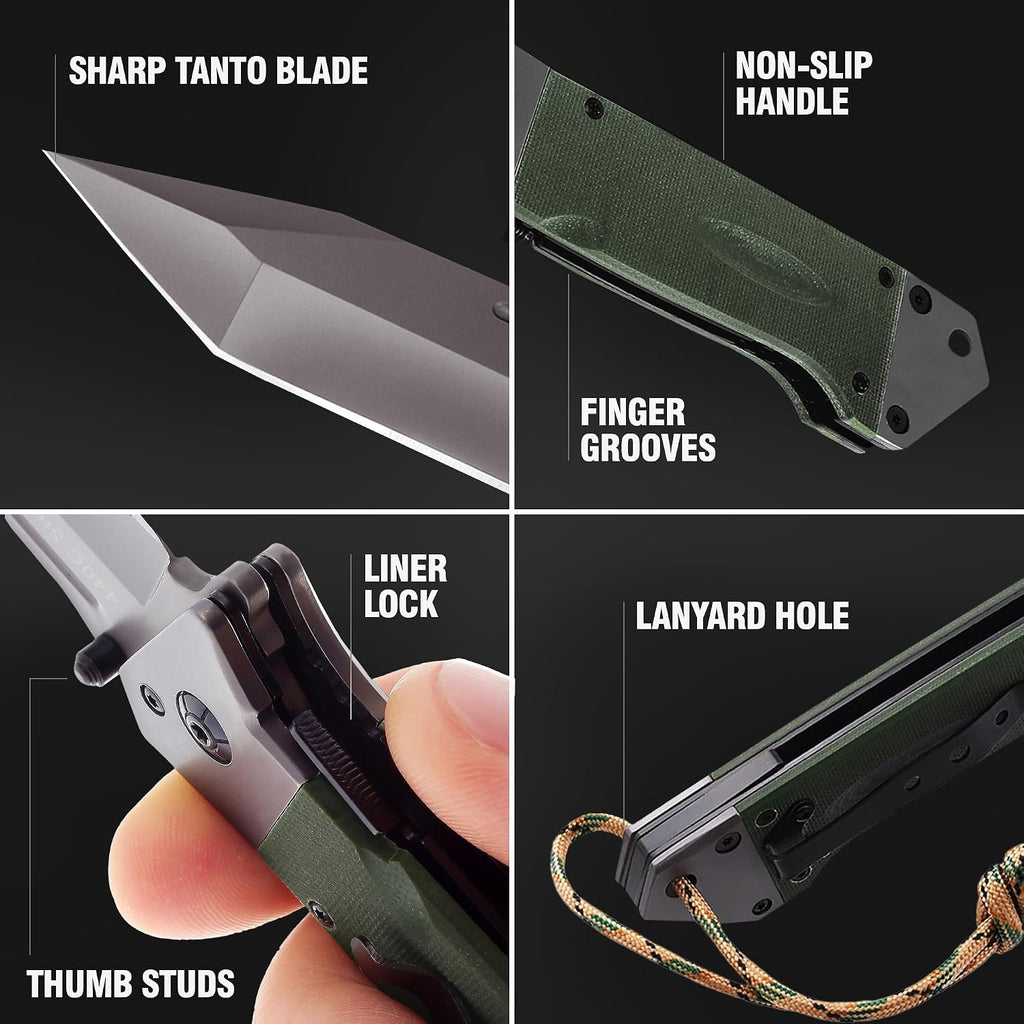 Spring Assisted Heavy Duty Pocket Knife for Men - 3.5" Tanto Sharp Blade - Folding Tactical Self Defense Japanese