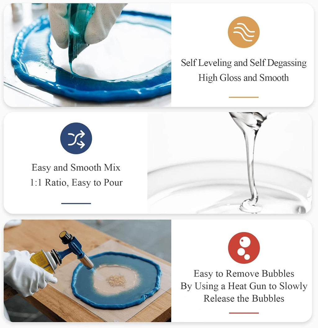 Epoxy Resin, 32OZ Epoxy Resin Crystal Clear, Not-Yellowing No-Bubble, Self Leveling Easy Pour/Mix 1:1 Casting Kit &