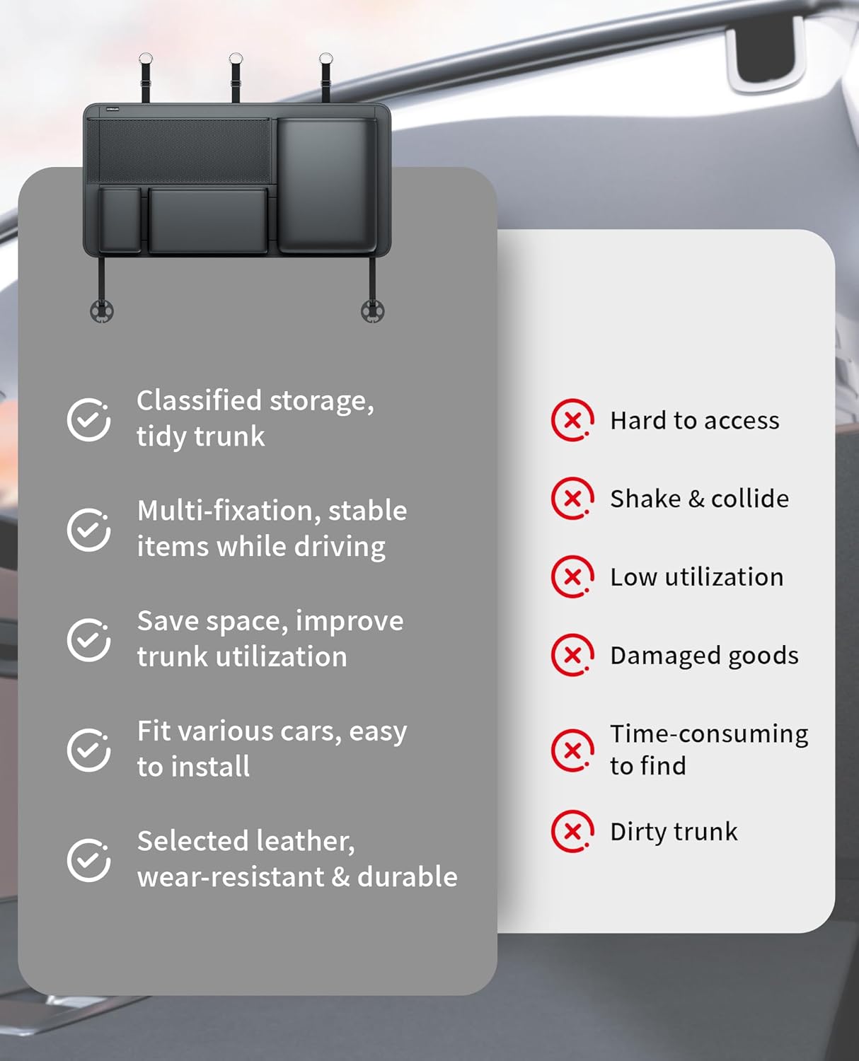 PU Leather Trunk Organizer for SUV, Sedan & Truck | Durable & odor-free rigid PU, 36in vertical storage with 4