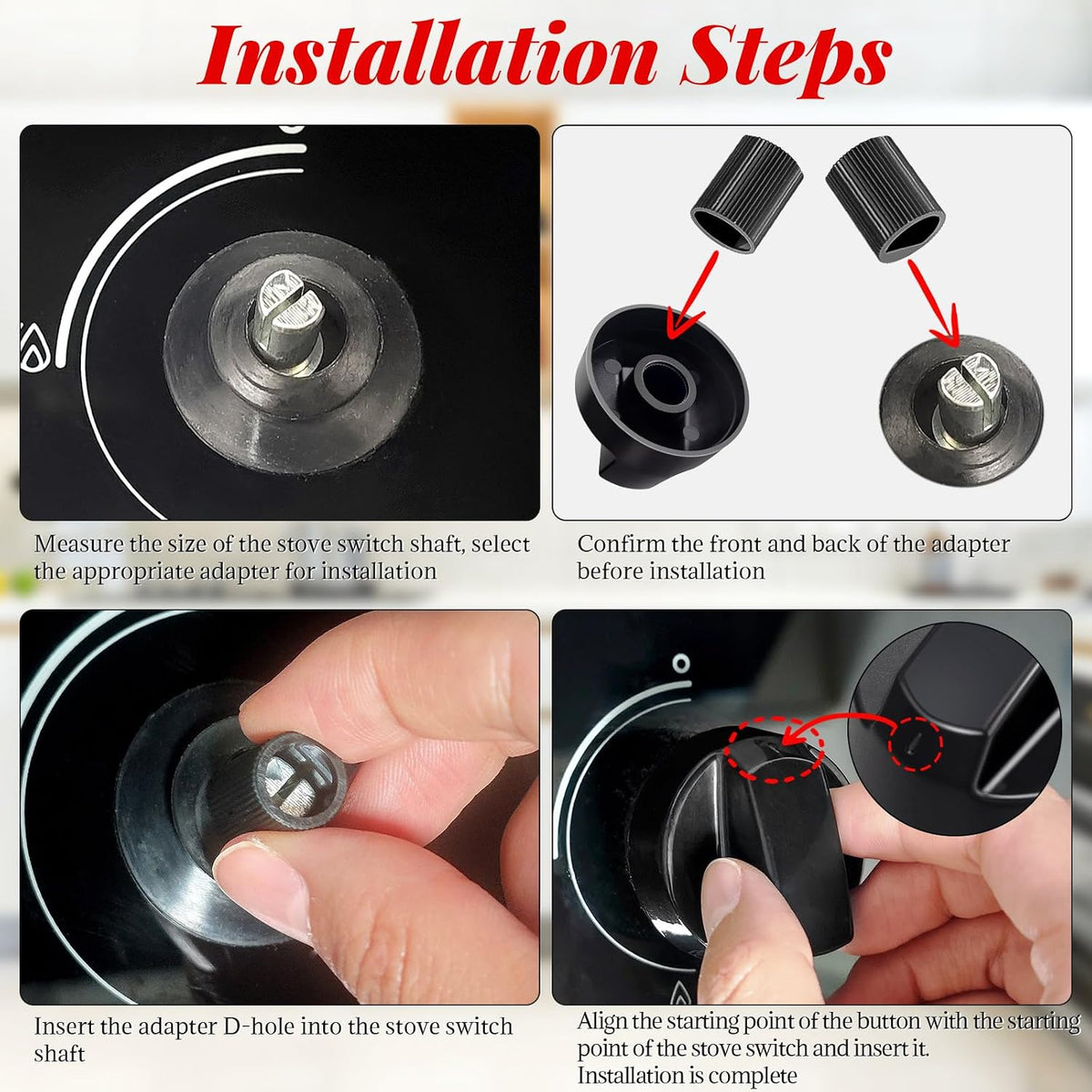4 Pack Black Control Knobs Replacement with 12 Adapters, Stove Knobs Replacements, Universal Control Knobs for Oven Stove Range