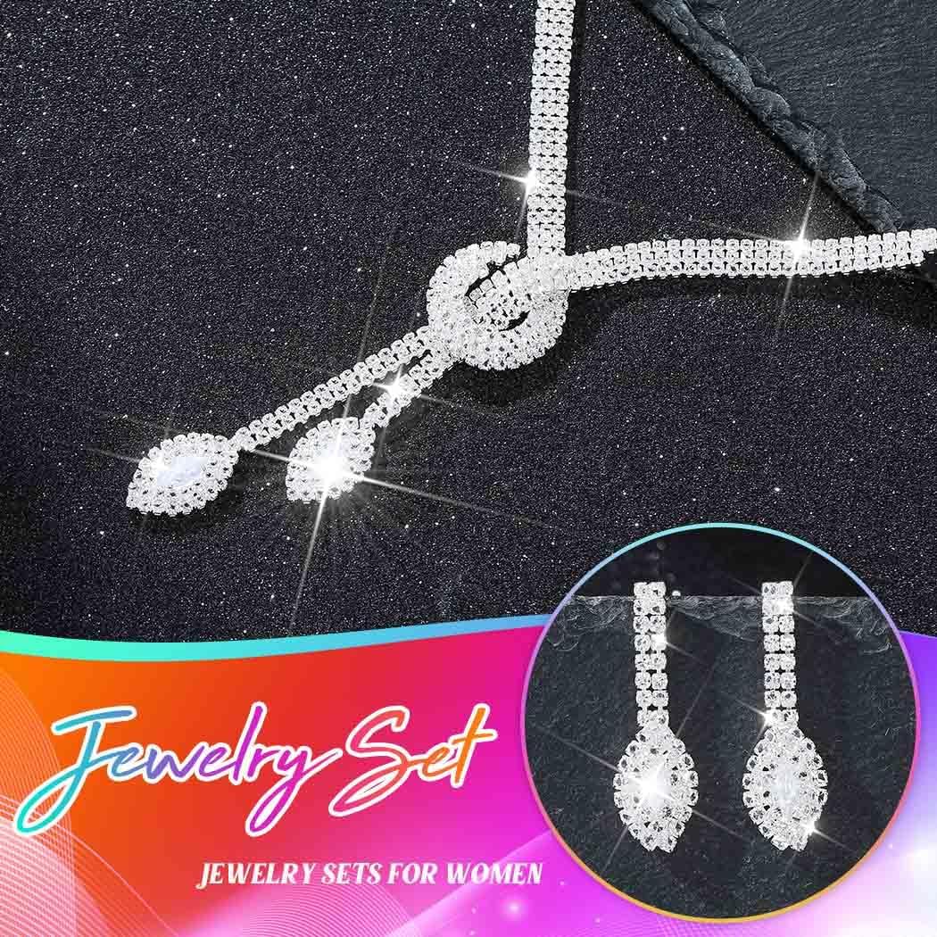 Silver Rhinestone Bridal Wedding Jewelry Set Crystal Necklace Earrings Sets Formal Prom Costume Jewelry Sets for