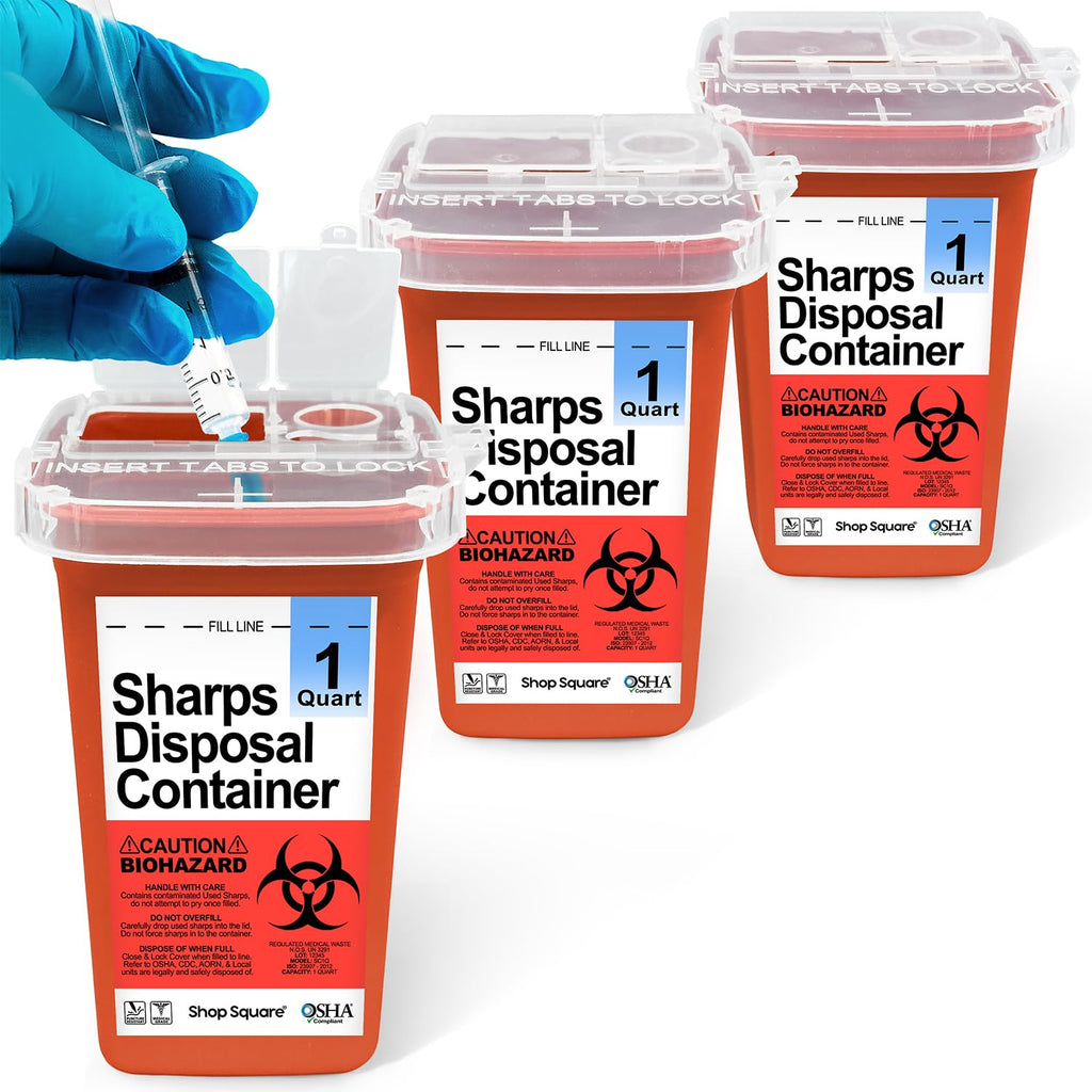 Sharps Containers for Home Use - 1 Quart (3-Pack) Biohazard Syringe and Needle Disposal Containers - Small Sharps Box