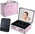 Makeup Case with LED Mirror - Pink Fluid-Color Makeup Box with Detachable Lighted Mirror, Travel Cosmetic Train Case