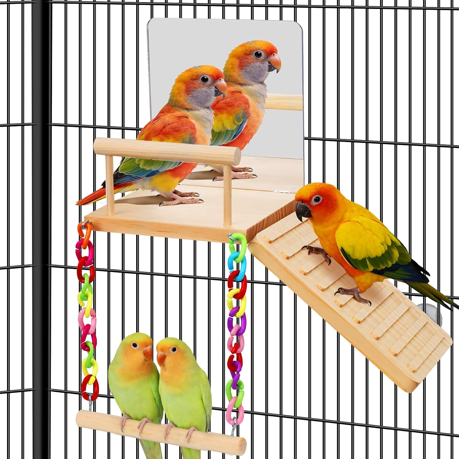 Bird Perches Swing Platform with Bird Mirror Birds Ladder Toys | Climbing Ladder Cage Accessories for Cocktail