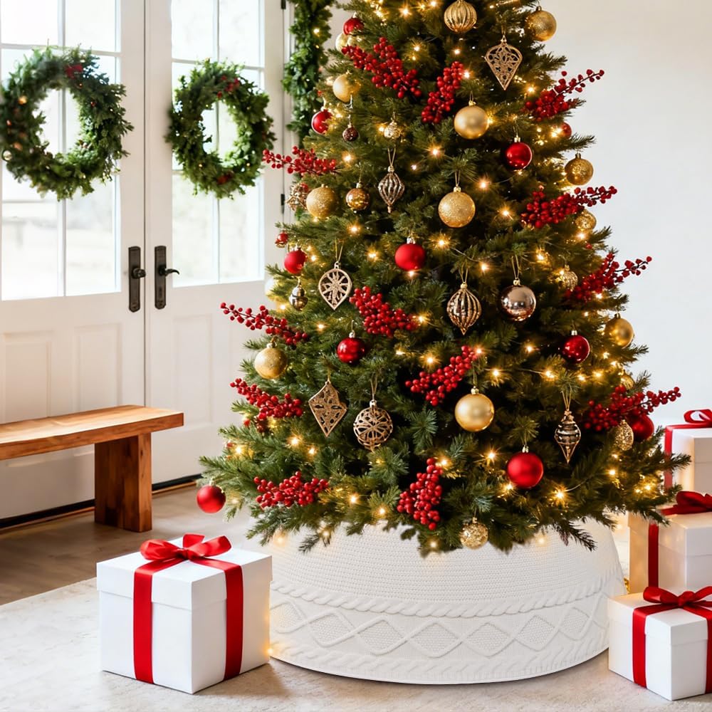 Christmas Tree Collar Skirt,Knitted Cream White Diamond Edge Cable Stand Farmhouse Rustic Tree Ring for Artificial